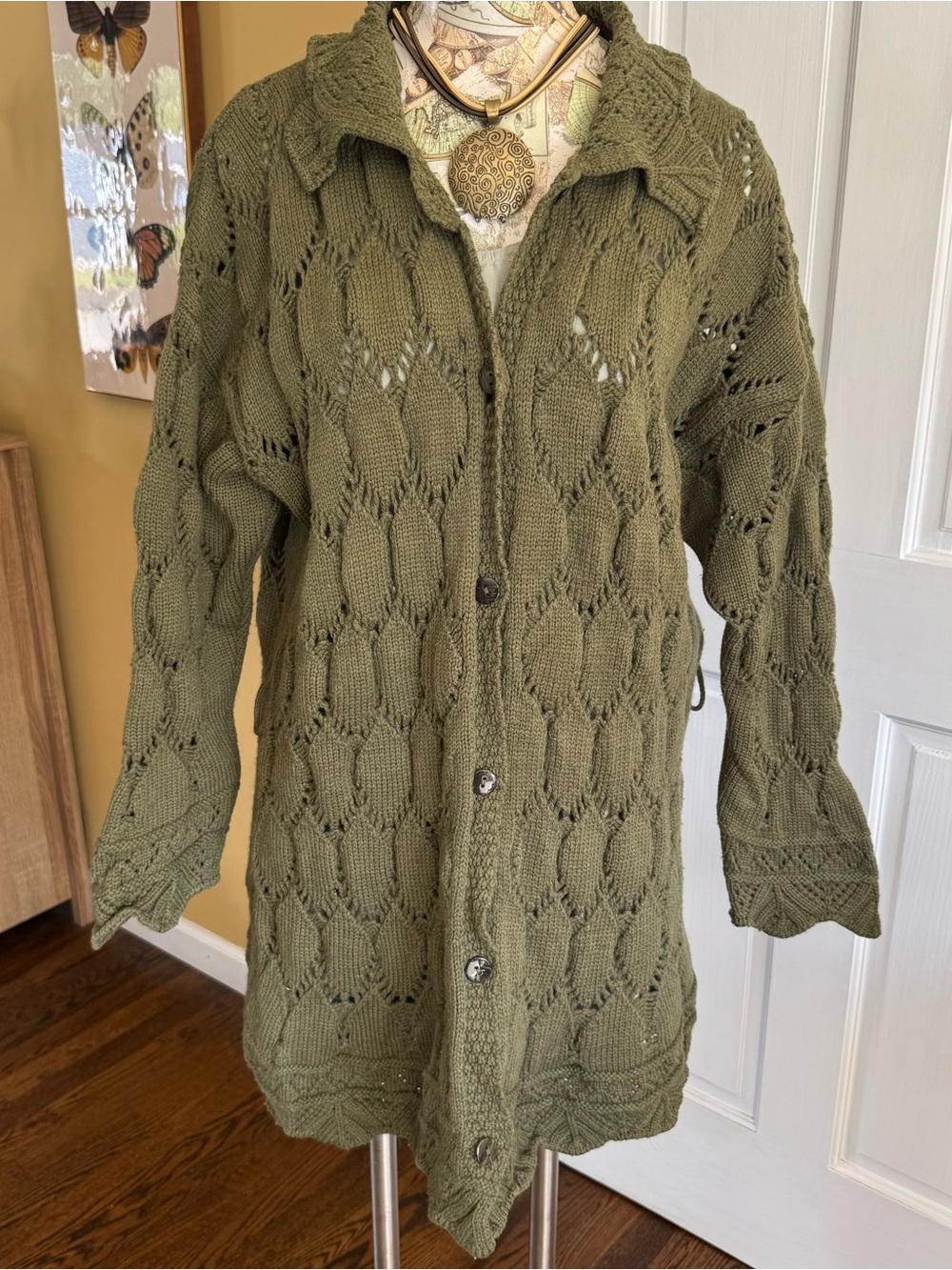 Aran Crafts Merino Wool Green Knit Long Cardigan XXL